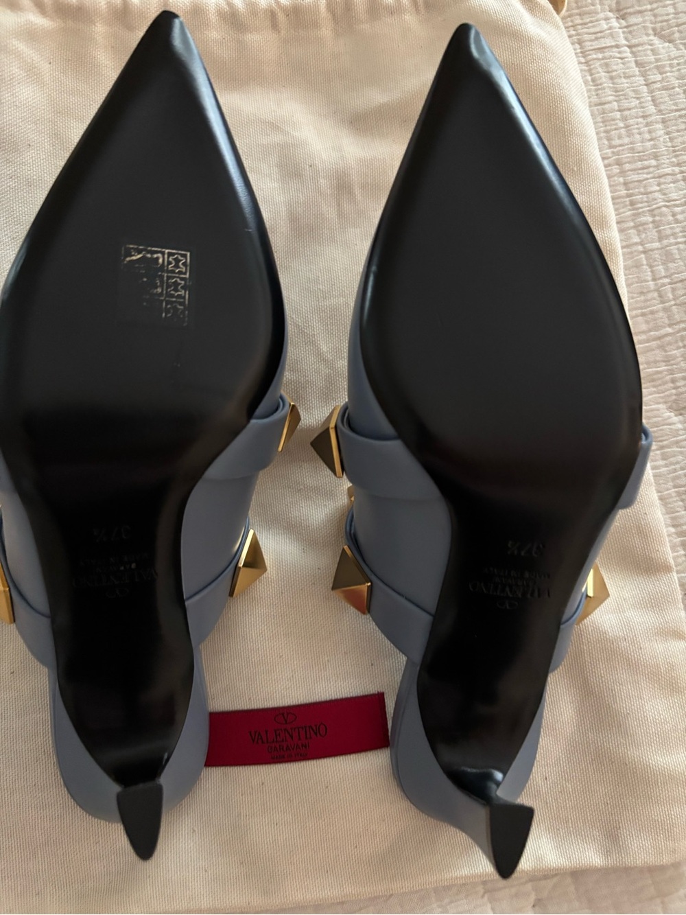 Valentino Garavani Rockstud Pointed Toe Mule in Slate Blue with Gold Studs - Picture 4 of 4